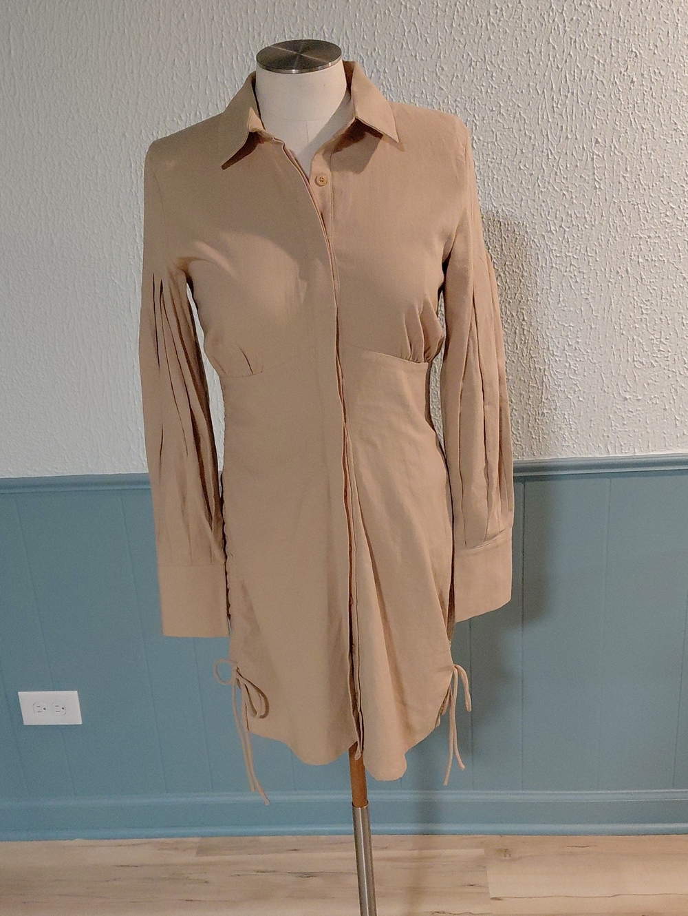 Long Sleeve Beige Shirt Dress with Drawstring Details